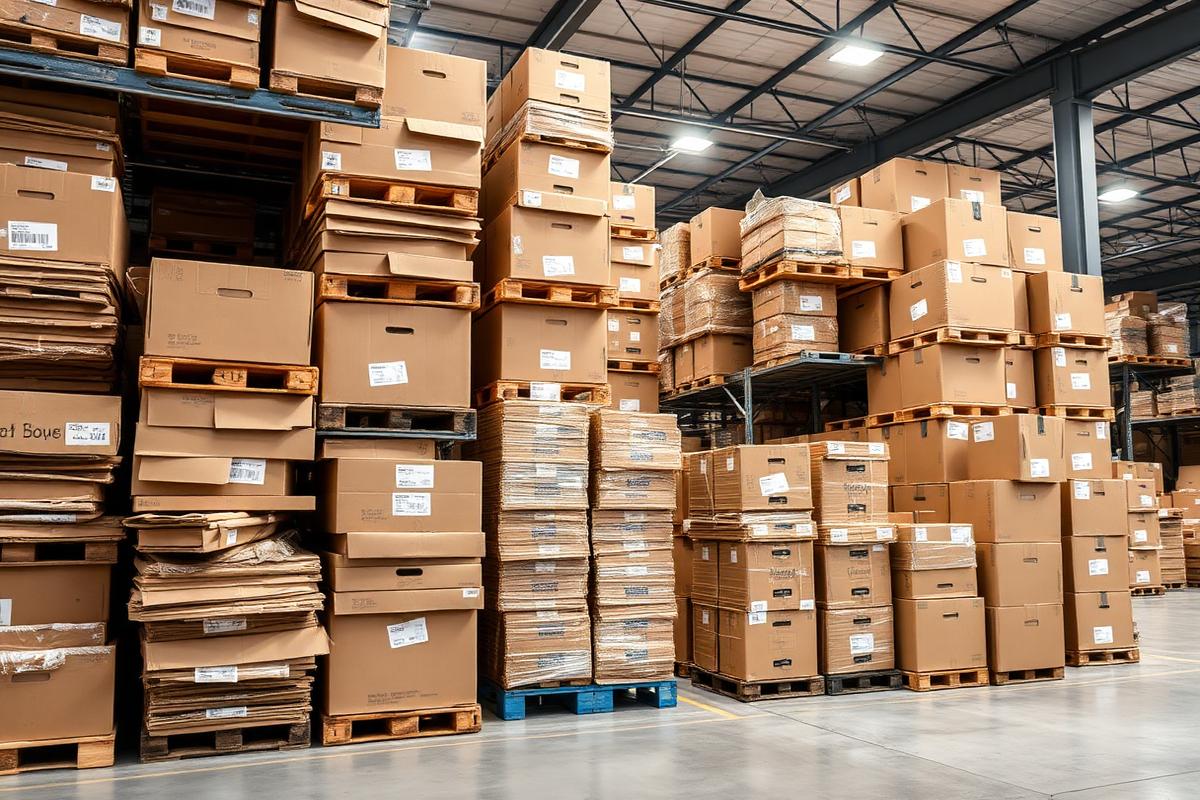 Stacks of consolidated cartons in warehouse